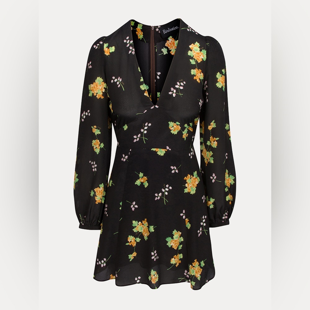 Reformation Par Black Mini Dress with Yellow & Green Floral Print